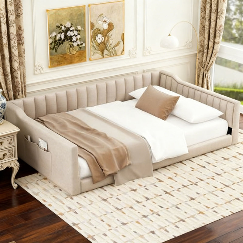 Upholstery Daybed and Side Storage pocket, Beige, Full/Double