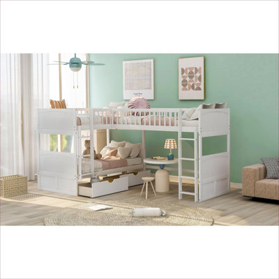 Structure de lit en bois massif pour 3 personnes, lit superposé simple avec lit mezzanine et tiroirs de rangement, pin blanc