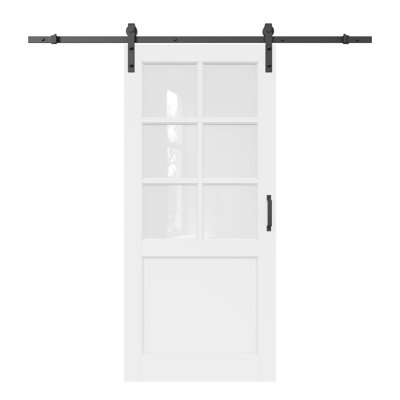 Porte de grange coulissante en verre givré blanc apprêté 6-Lite avec trousse de quincaillerie d'installation / aucun assemblage requis