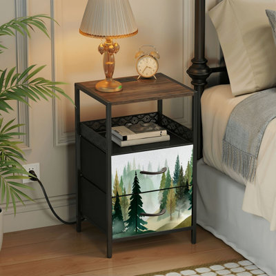 Table de chevet 2 tiroirs avec station de charge, table de chevet pour chambre avec ports USB, tablette ouverte noire, table de chevet avec silhouette de forêt