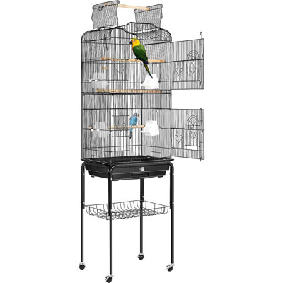 Black Bird Cage With Play Top, Caster Wheels & Accessories For Parrots, Conures & More