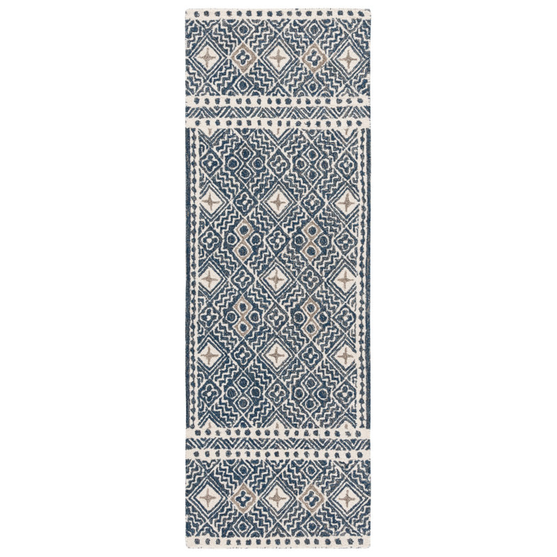 Manwell Hand Tufted Wool/Cotton Geometric Rug in Navy/Ivory, Runner 2'3" x 7'