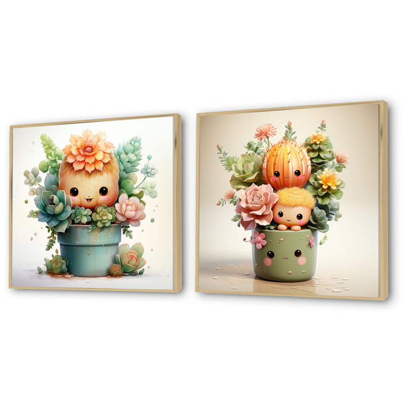 «Blossoming Tranquility Nursery Cactus I», ensemble de 2 reproductions d'art sur toile, Encadrement brun