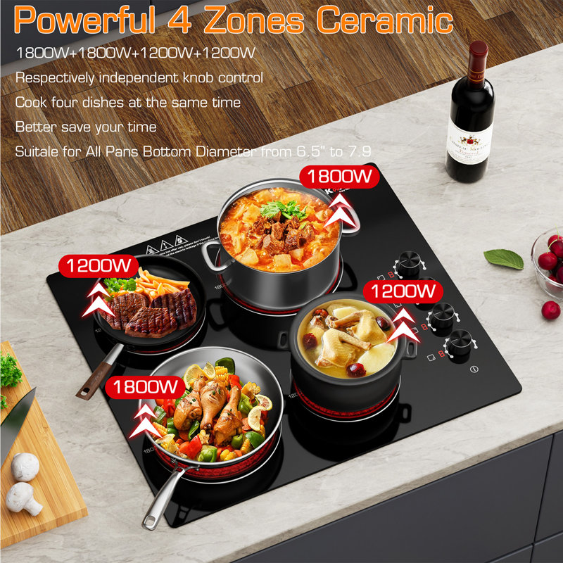 Plaque de cuisson électrique intégrée 24 po avec 4 brûleurs et commande à bouton