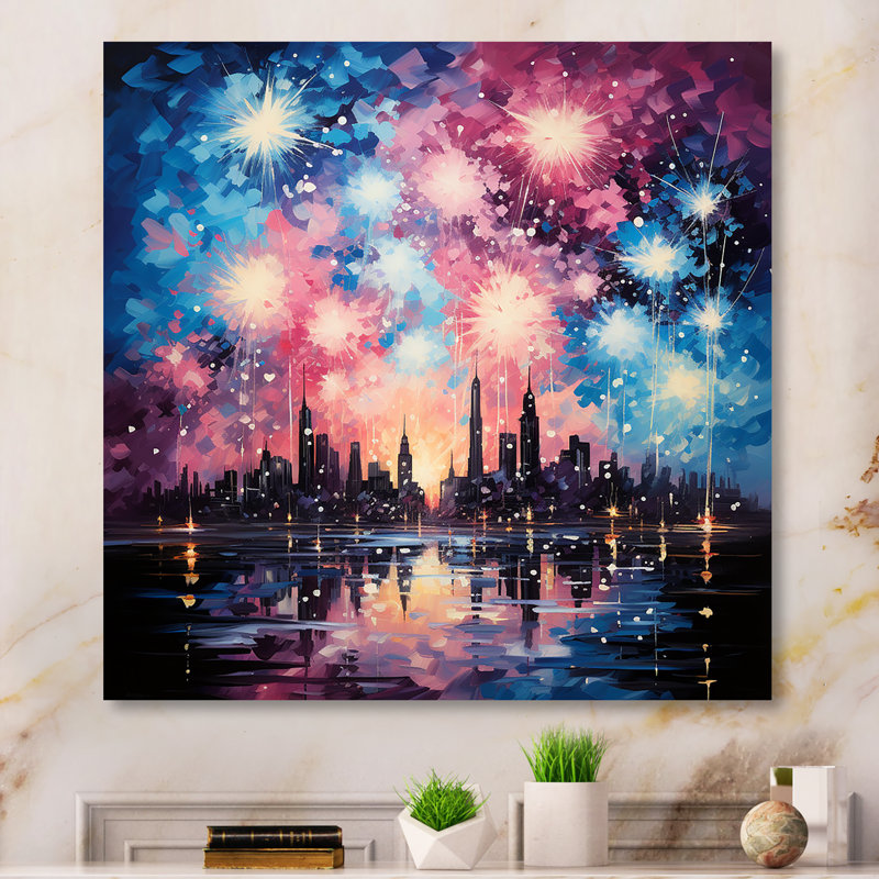 Feux d'artifice bleu et rose Brilliance City - Art mural d'artifice, Toile tendue, H 16 po x l 16 po x P 1 po