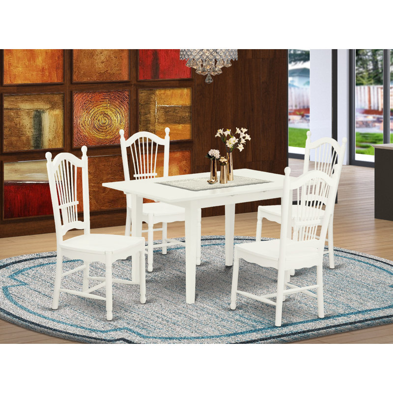 5 Piece Modern Dining Table Set Includes a Rectangle Wooden Table with Butterfly Leaf and 4 Dining Room Chairs, Linen White