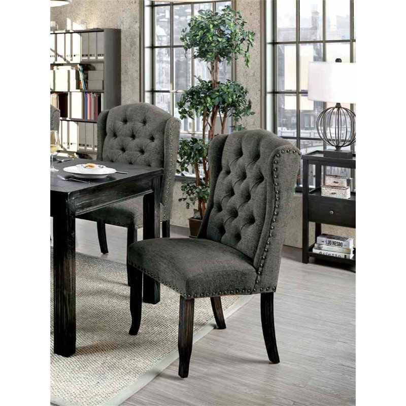 Chaise d'appoint de style rustique 2 pièces avec capitonnage, garniture cloutée et dossier à oreilles pour un repas élégant