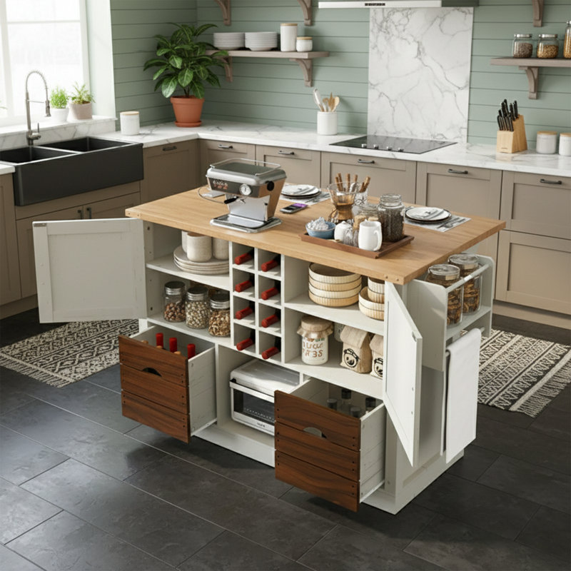 54" Rolling Kitchen Island With Drop Leaf And Power Outlet And 2 Drawers, White