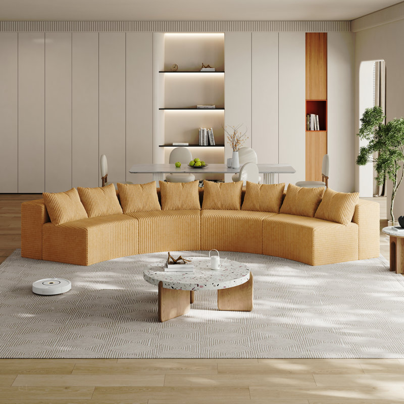 Canapé modulaire incurvé avec 8 coussins Corduroy, Velours côtelé jaune