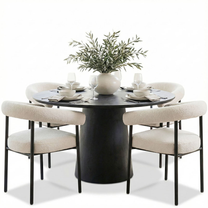 46"–83" Modern Extendable Dining Set With Convertible Round-To-Oval Table & Upholstered Bouclé Arm Chairs