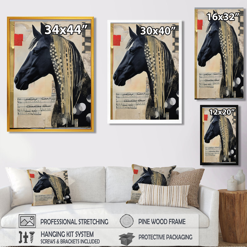 «Black Horse Portrait Retro Collage», reproduction d'art murale cheval, Toile flottante noire encadrée, H 20 po x l 12 po