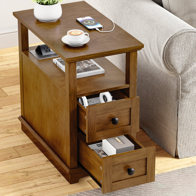 2 Drawers End Tables with Storage and Fast Charging Station for Living Room, Honey Brown, 1 unit