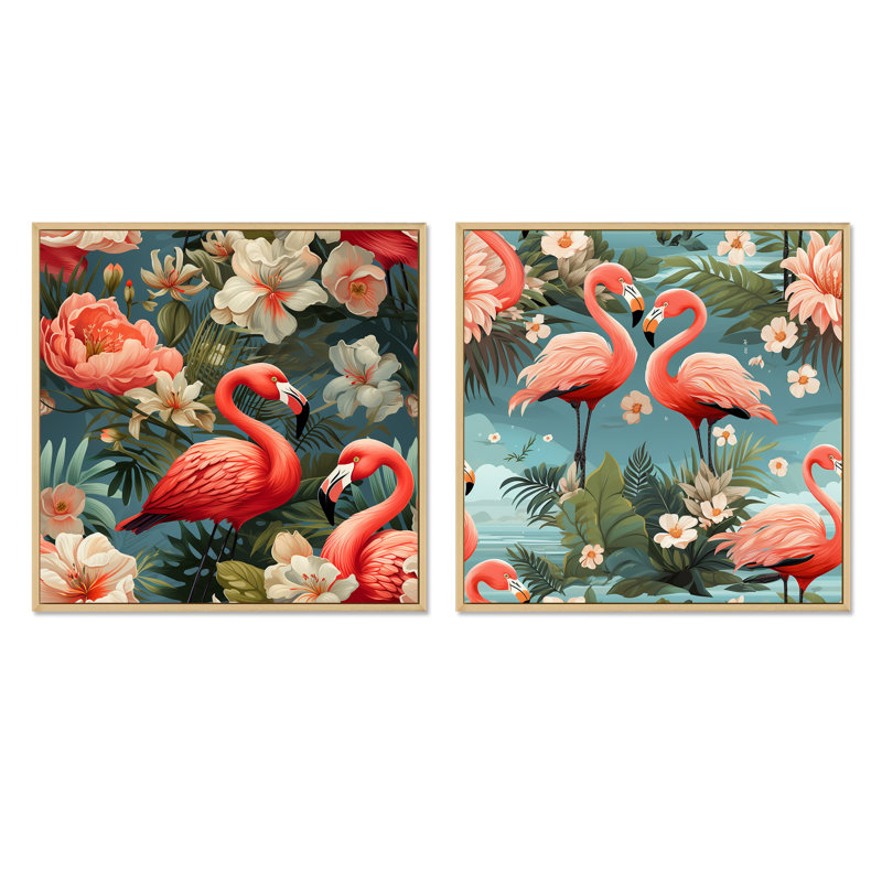 Flamant rose botanique Bliss, Cadre flottant brun, H 30 po x l 61 po