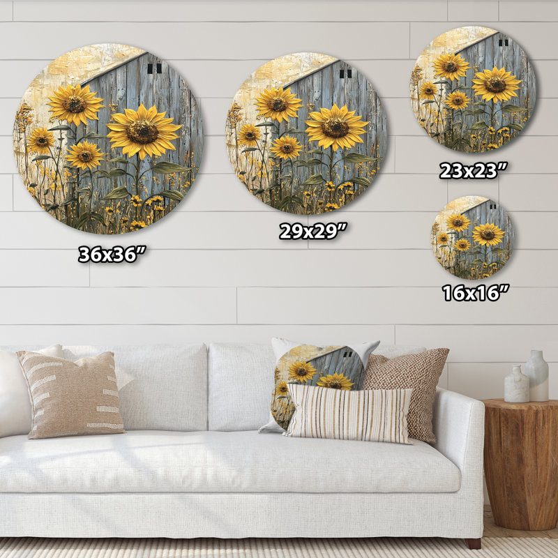 Art mural rond en tournesols rétro par The Grain Barn II, H 23 po x l 23 po