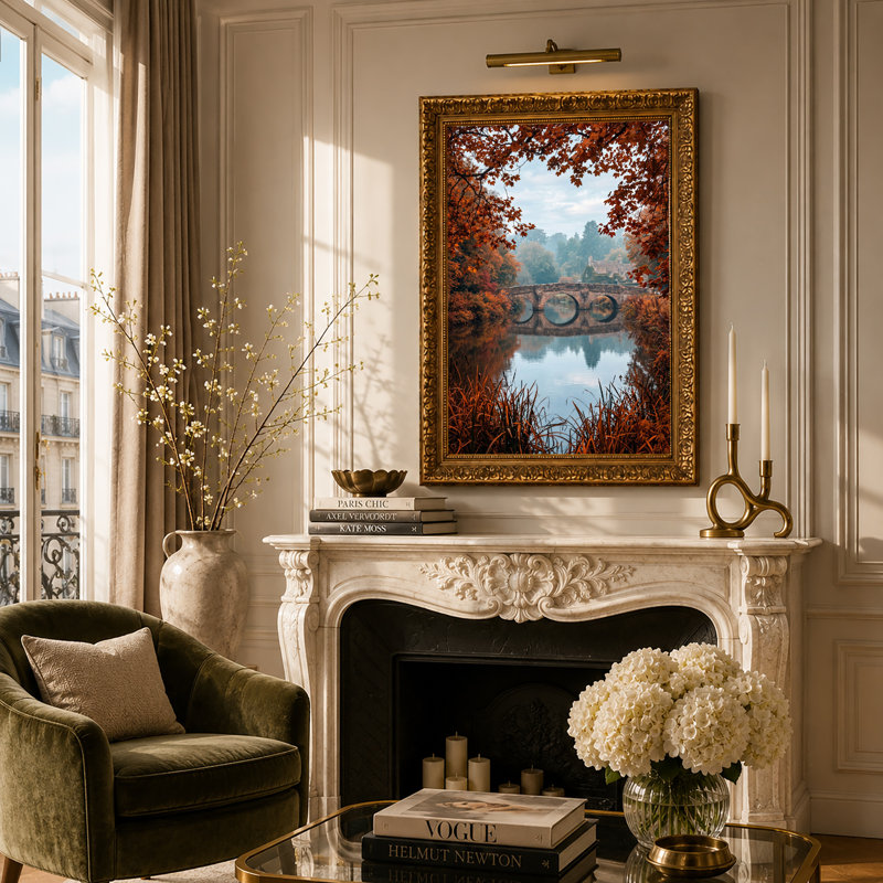 «Stone Arch Bridge Over River with Autumn Leaves», art mural sur toile, H 18 po x l 12 po