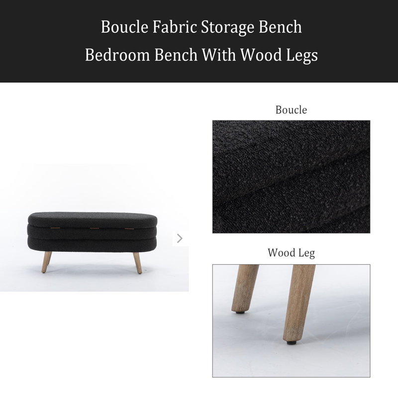 Banc de rangement avec pieds en bois pour chambre à coucher, Noir