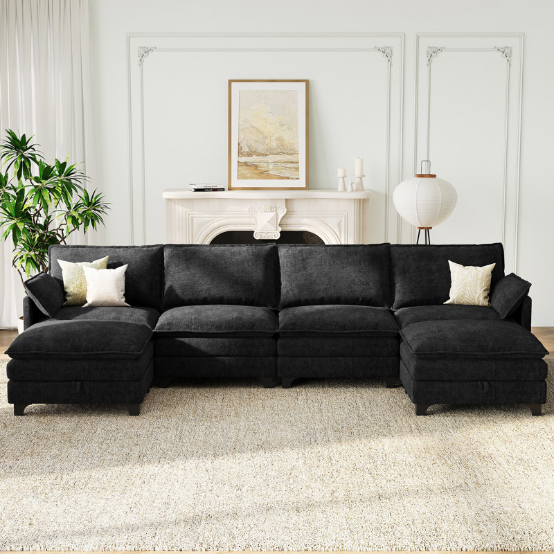 140” Comfy Cloud Couch U Shaped Sectional Sofa with Two Ottomans, Dark Gray Chenille