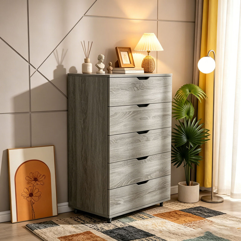 Commode mobile à 5 tiroirs avec roulettes, Gris