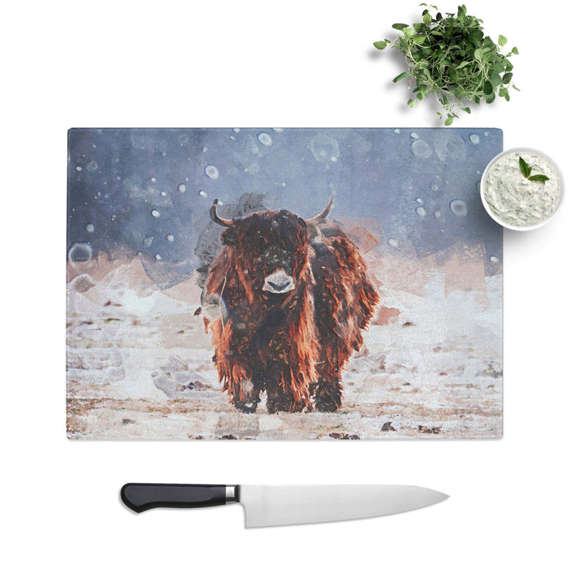 Glass Lone Cow At Winter in Abstract Chopping Board, 39 cm W x 28.5 cm L