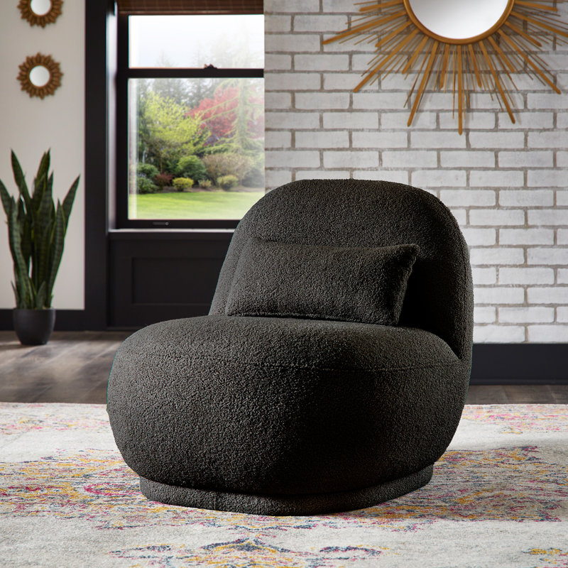 Doniphan Modern Boucle Lounge Chair With Rounded Design And Lumbar Pillow - Chair With Pillow, Black Fabric
