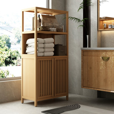 Bamboo Storage Cabinet, Freestanding Bathroom Cabinet with 2 Doors, Floor Cabinet Organizer