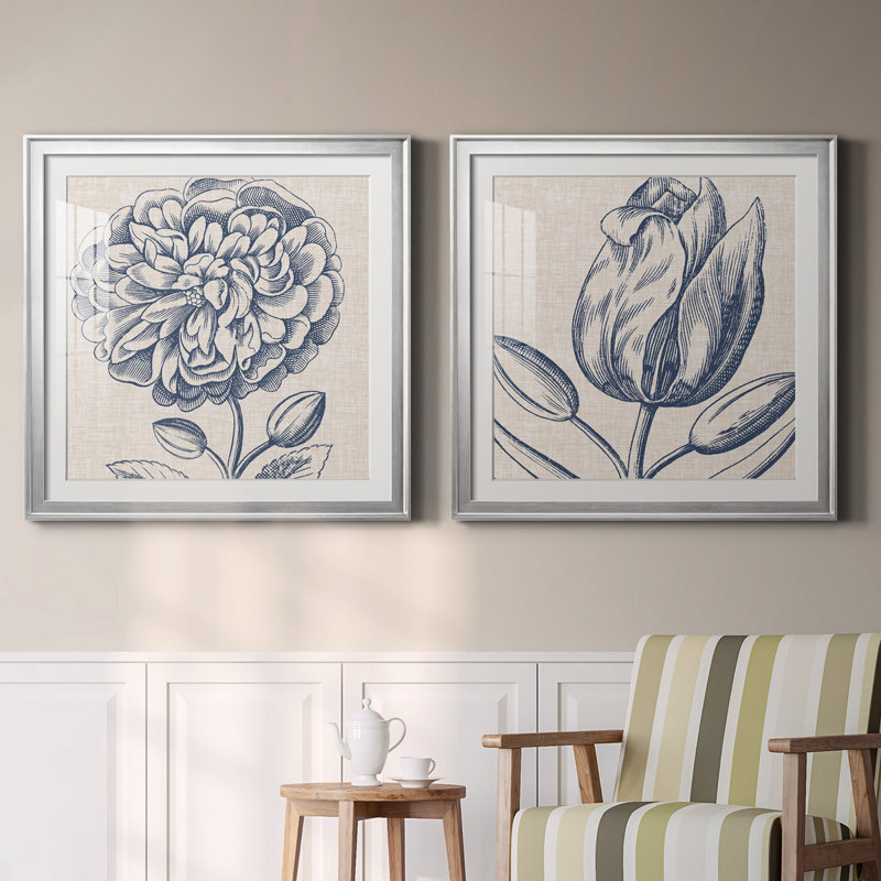 Indigo floral sur lin III - ensemble de 2 impressions d'art encadrées, H 30,5 po x l 61 po, Noir