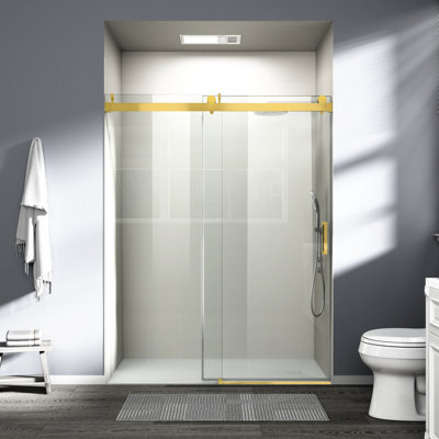 56 - 60 Inches Adjustable Width Soft Closing Single Sliding Shower Door, 1/4 Inch Tempered Glass, Gold, 76 High, For Bathroom, Close Buffer, Long Lasting, Waterproof Design, Left Or Right