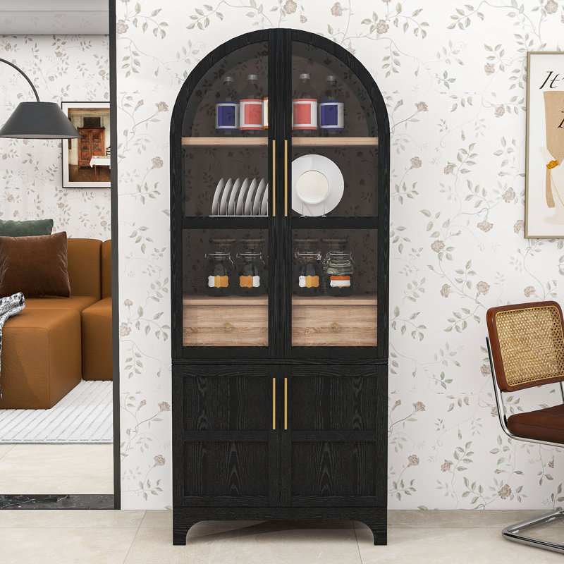 Garde-manger arqué avec tablettes réglables, portes en verre et tiroir de rangement, Noir