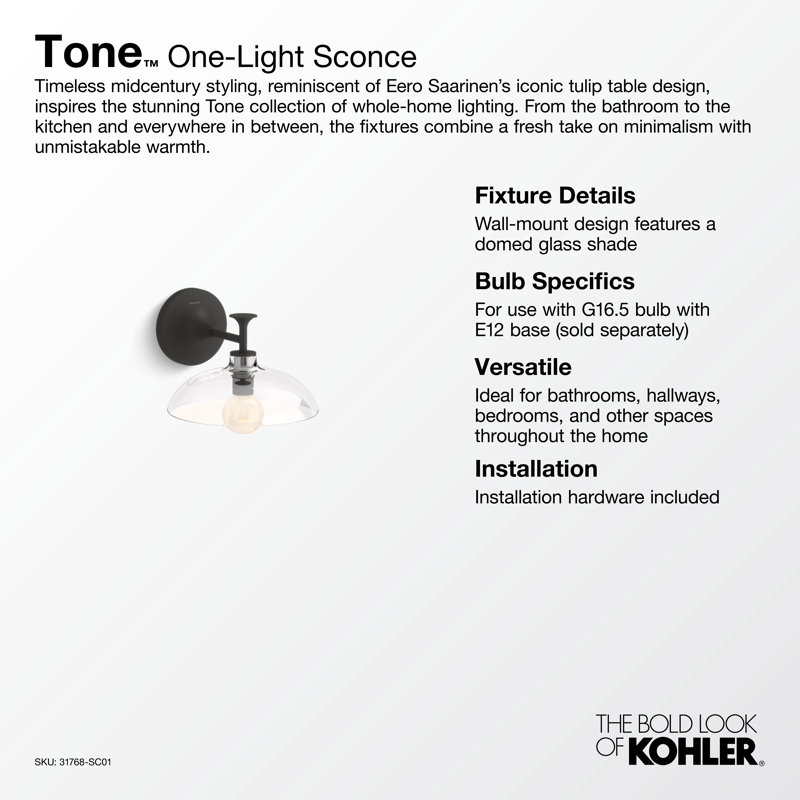 Tone 1 Light Indoor Bathroom Wall Sconce, UL Listed, Matte Black