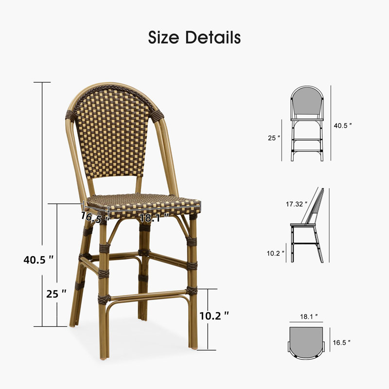 Patio Bamboo Print Finish Bar Stools With Rattan Back (Set Of 2), Counter Stool (25" Seat Height), Dark Brown/Brown