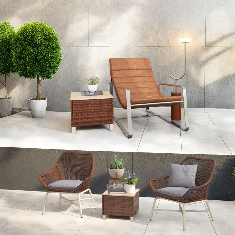 Tables de patio rustiques, rotin en PE et bois de sapin, table d'appoint d'extérieur compacte