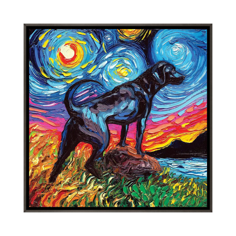 Reproduction d’art « Black Labrador Night II » par aja Trèves, Toile encadrée de bois rustique foncé, Pas de tapis