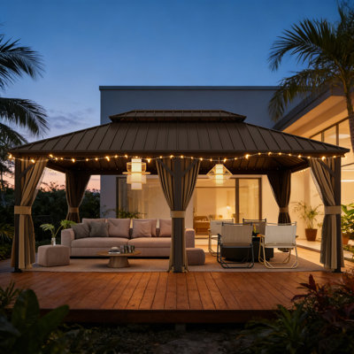 Pavillon de jardin en aluminium 14 pi x 20 pi avec toit en acier galvanisé à double aération, moustiquaire et rideaux d'intimité pour patio, cour, terrasse et jardin