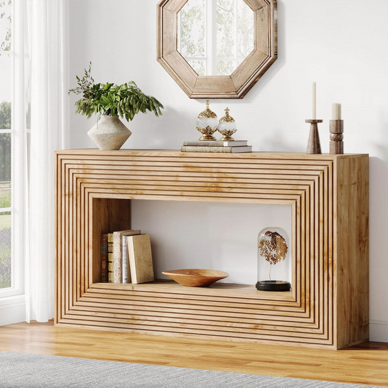 Console de 59 po de long, canapé naturel avec rangement pour le vestibule, Bois naturel
