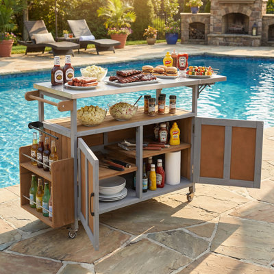 Foldable Outdoor Kitchen Island Patio Mobile Kitchen Cart Portable Outdoor Cooking Island with Lockable Wheels, Storage Cabinet and Towel Rack for Patio and Outdoor