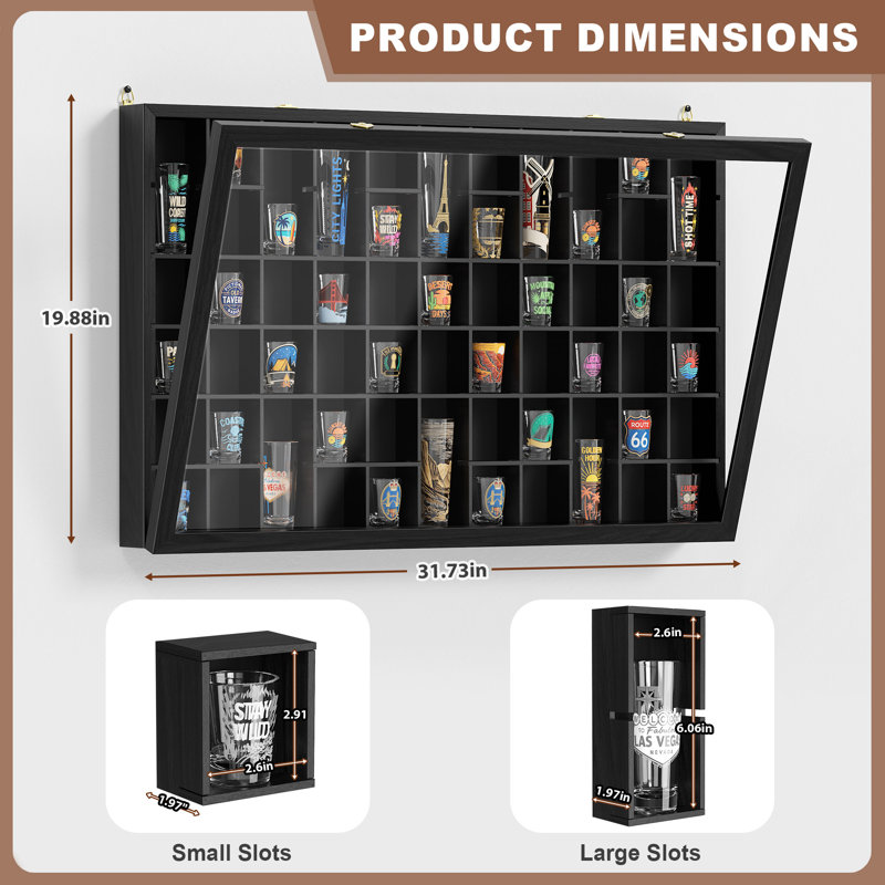 Vitrine murale, présentoir à 56 fentes pour jouets figurines avec porte en acrylique transparent verrouillable, 8 tablettes réglables, boîte à objets en bois, noir