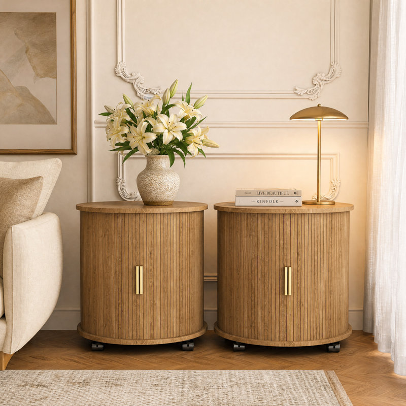 Table de chevet à cylindre Mid-Century avec station de charge, Chêne