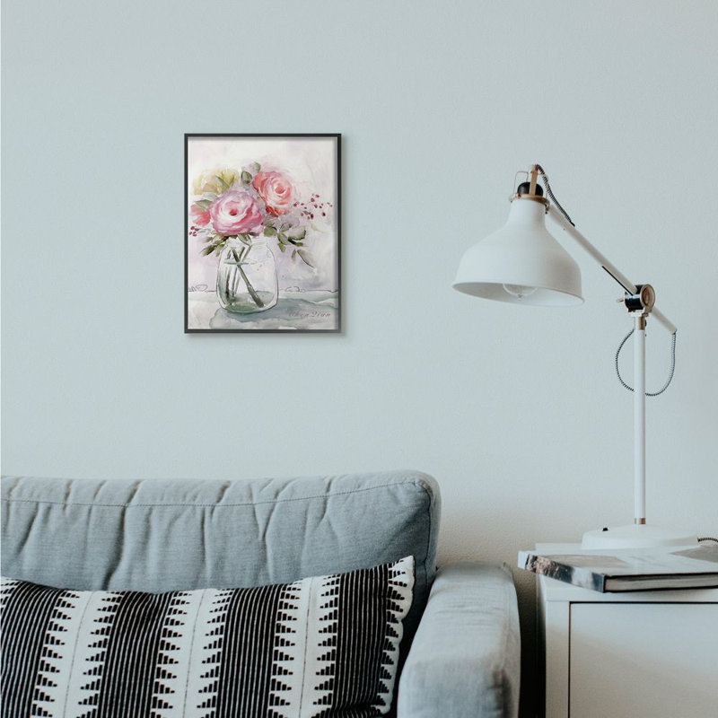 «Flower Jar Pink Green», reproduction d'art, H 11 po x l 14 po x P 1,5 po, Giclée encadrée noir minuit