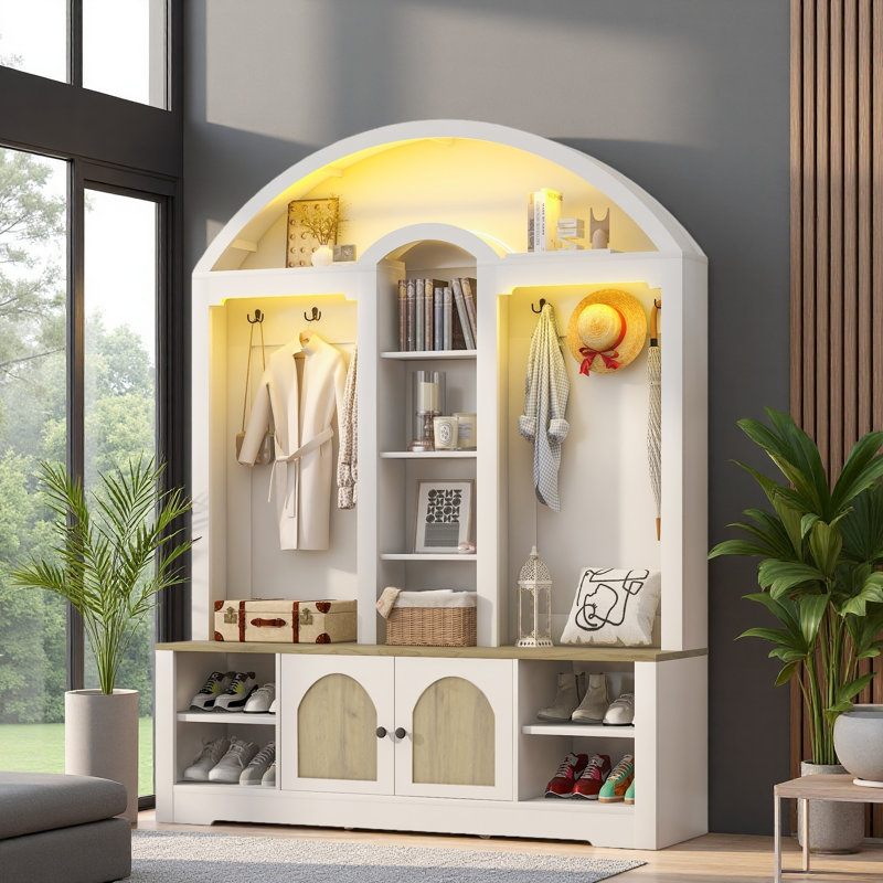 Multi-Functional Wardrobe/Entrance Wardrobe, Equipped With Shoe Racks, Clothes Hangers And Hooks. Wardrobe, White