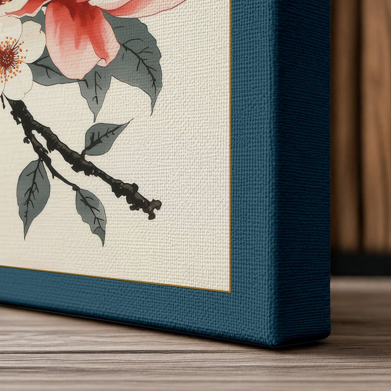 Moonlit Cherry Blossom Japandi - Wrapped Canvas, 24x16 - 61.0 x 40.6 cm, Teal Border