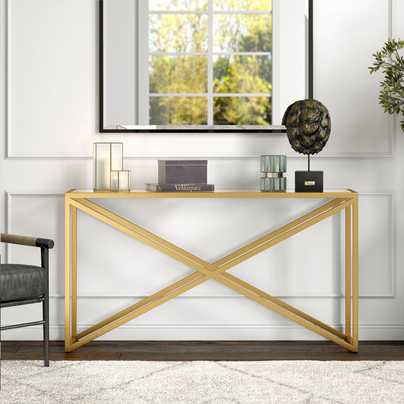 Calix Glass Top Console Table, Brass, 76 cm H x 139.7 cm W x 35.56 cm D