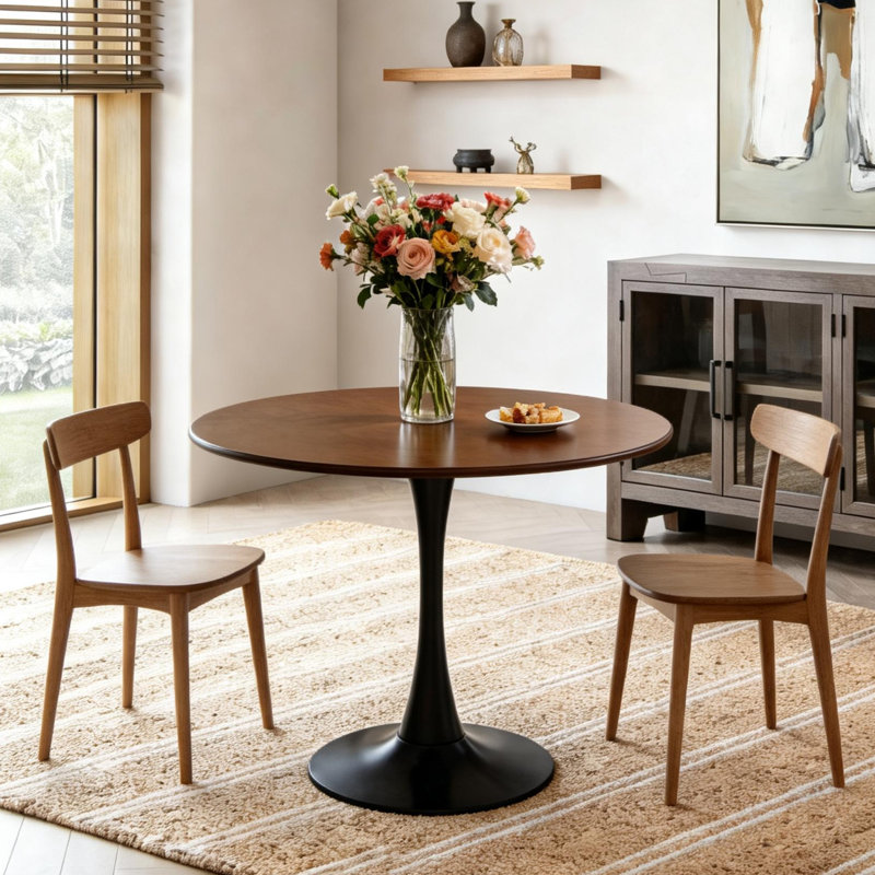Modern Dining Table,Mdf Top And Steel Base Round Kitchen Table, 29.2" H x 31.6" L x 31.6" W, Antique Bronze, Black