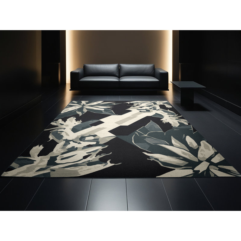 Machine Washable Parrilla Jade Plant Coastal Geometric Rug in Black – Black Binding, 3' Round