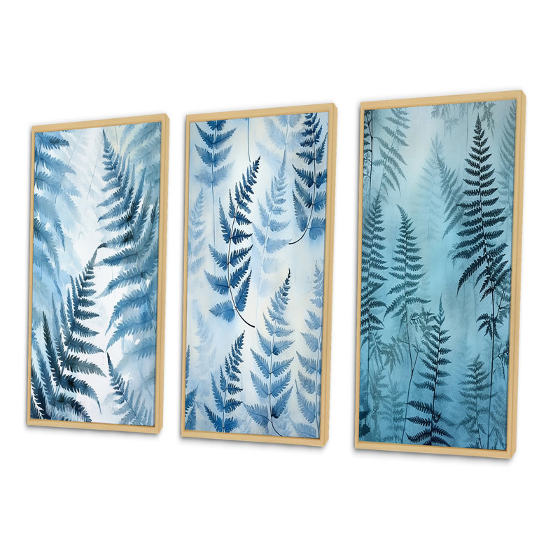«Blue Fern Fond», 3 pièces sur toile, Cadre naturel flottant, H 40 po x l 60 po