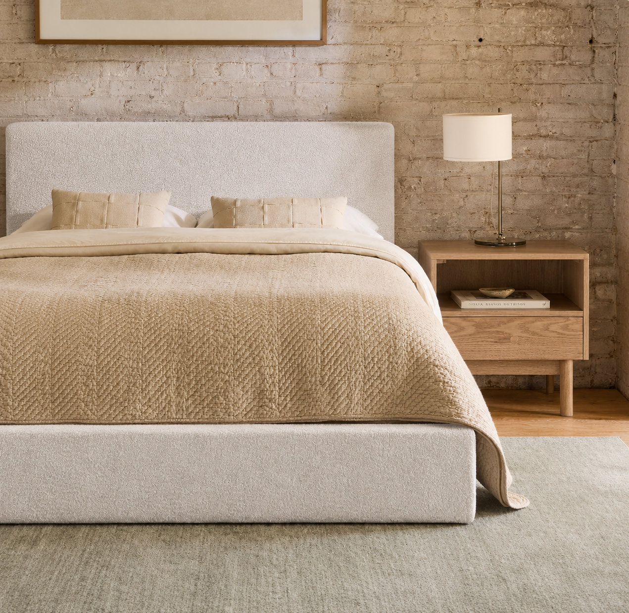 Mele Linen Upholstered Bed, Ivory Boucle, Queen
