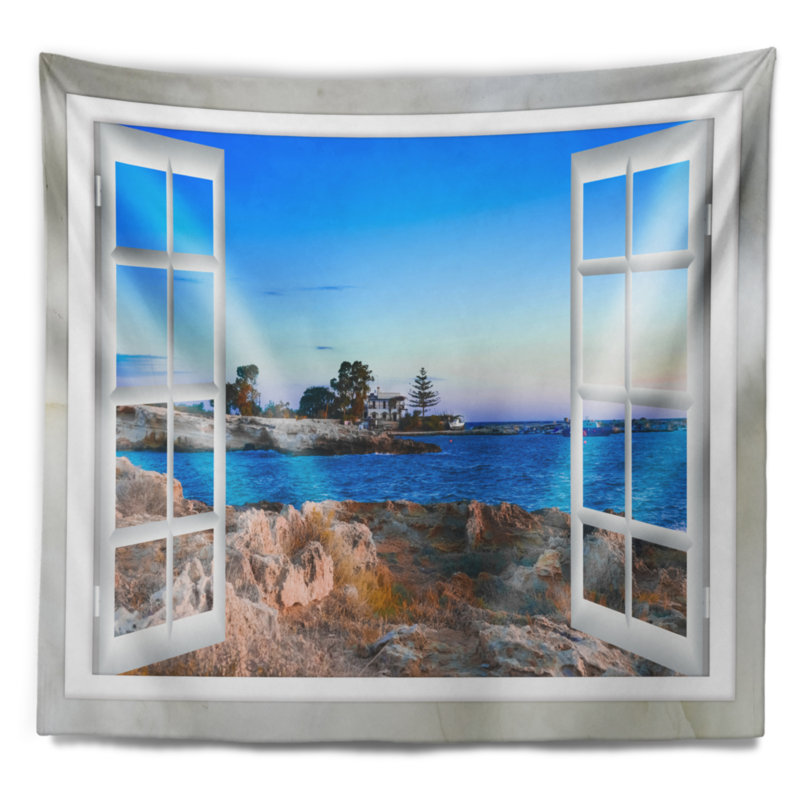 Tapisserie de fenêtre ouverte de paysage à shore de mer bleue, H 50 po x l 60 po