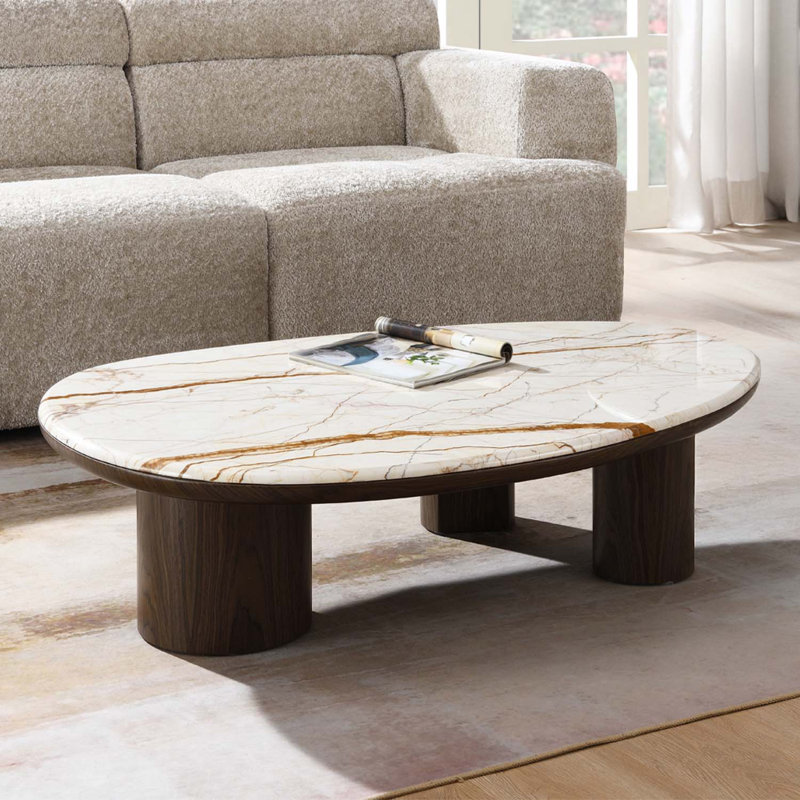 Table basse ovale, marbre naturel et brun