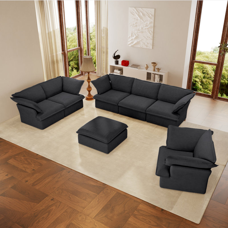 Canapé modulaire modulaire 4 pièces 4 pièces, Mélange de lin de couleur naturelle, Noir