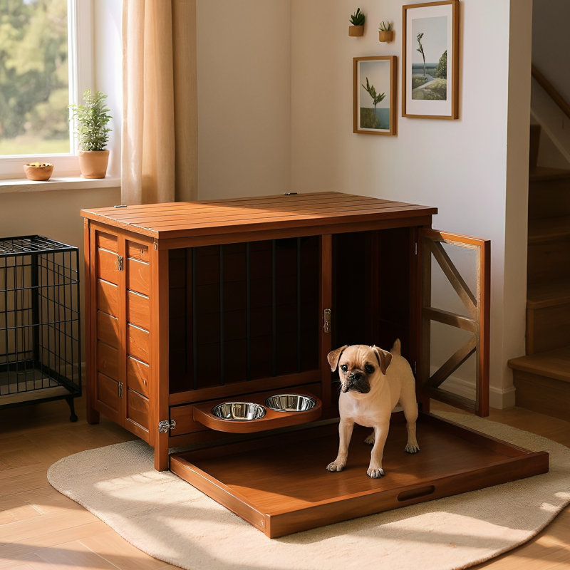 Niche pour chien 33 po en bois de noyer moderne 33 po, pliable avec mangeoire rotative à 360 °, capacité de poids élevée pour les lampes et la cage de décoration