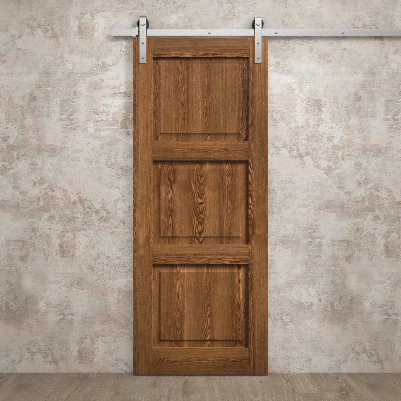 Porte de grange moderne 18 x 84 pouces Ego 5010 Chêne Cognac Rail de 6,6 pi Quincaillerie robuste Ensemble de portes intérieures à panneaux pleins